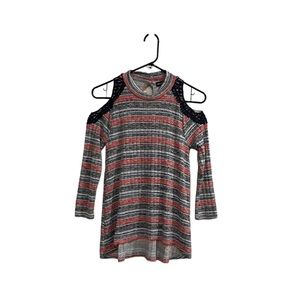 Almost Famous Women’s Cold Shoulder Long Sleeve Top Size Small Red/White/Blue